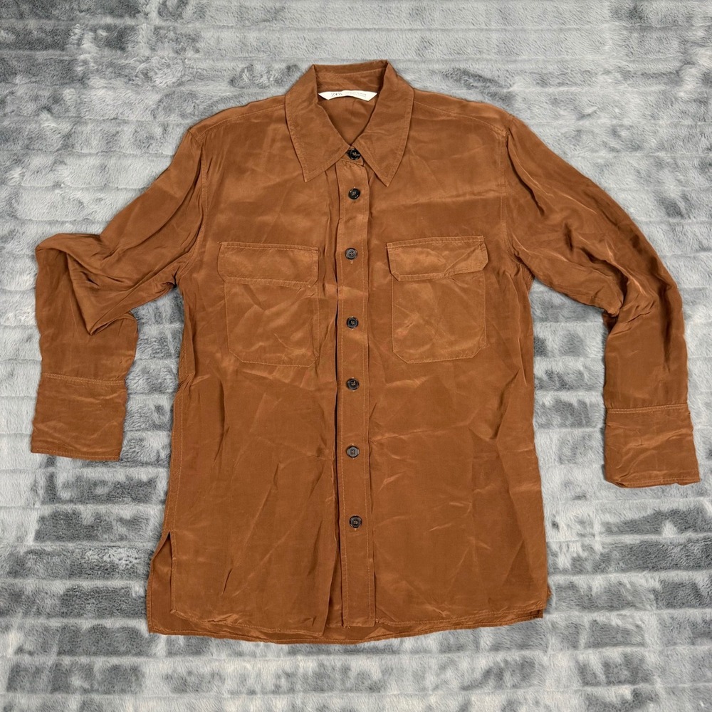 Zara Womens XS Copper Brown Satin Button Down Utility Pocket Long Sleeve Shirt